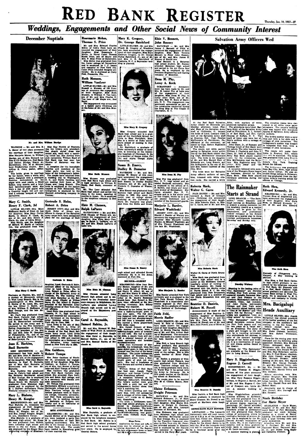RED BANK REGISTER Thursday, Jin. 10, 1957 27 Weddings, Engagements and Other Social News of Community Interest December Nuptials Rotemarie Mehm, Thomas S. Price Mr. and Mrs.