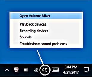 As shown below in Figure 4, locate the white speaker icon on the Windows task bar (lower righthand corner of the Windows desktop). Right-click it and select "Open Volume Mixer".
