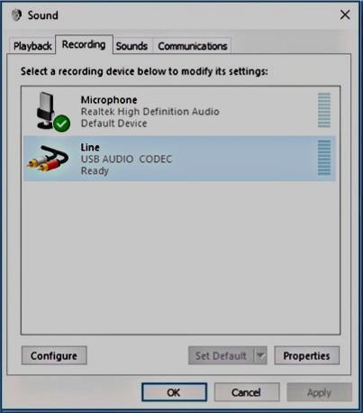 In the list of displayed recording devices, click one time on the SignaLink's "Line - USB Audio Codec" sound card to select it (it should be highlighted). Next, click the "Properties" button.