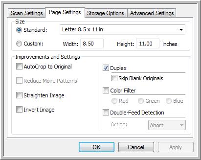 Scanning The Page Settings Tab Click the Page Settings tab to select page settings. Click to toggle between inches and millimeters.
