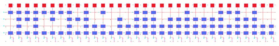 Figure 18: Schematic of ROM array where red boxes denote pull-up resistors and blue boxes denote a minimum sized NMOS transistor Figure 19: Schematics of Logic 1 (left), Logic 0 (center) and pull-up