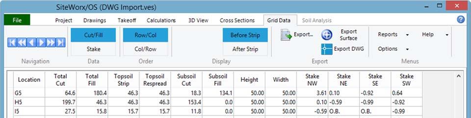 K. Grid Data Tab To the right of the Cross Sections tab is the Grid Data tab. The cut and fill volumes for each grid is shown at the Grid Data tab.