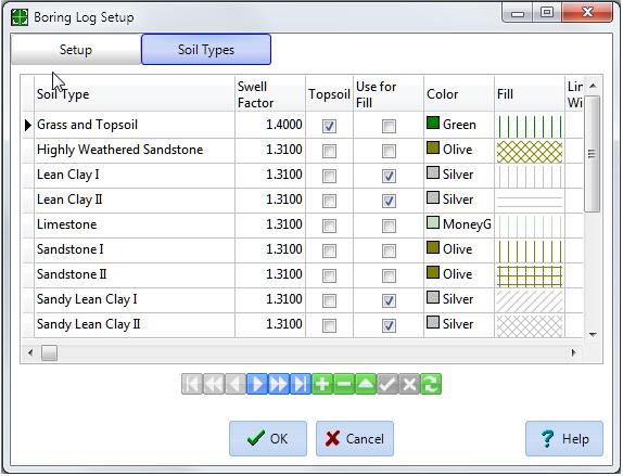 At the Soil Types tab, name the soil type and define its colors, fill patterns and swell factors. If a soil type must be exported and removed, do not check the Use for Fill checkbox.