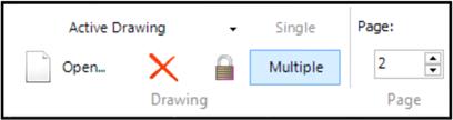 The list of pages or drawings opened and available are displayed by clicking the Active Drawing button on the top left side of the Drawings toolbar.