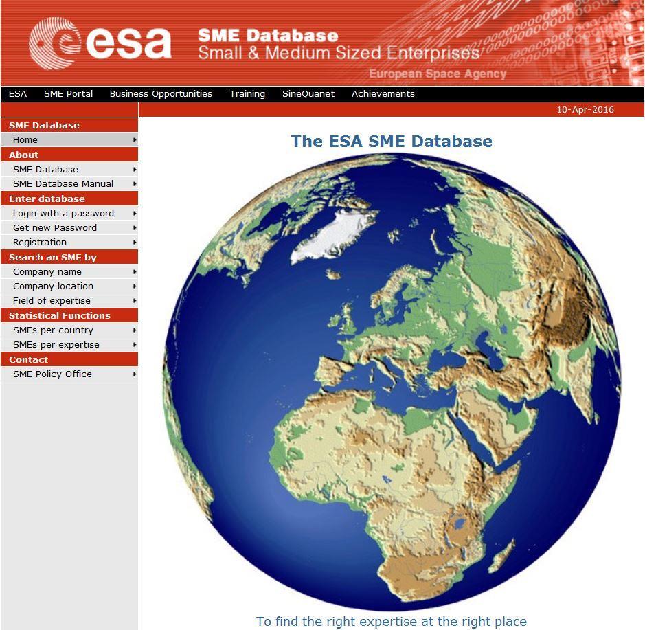 SME Initiative The ESA SME Database The ESA SME Database was established in 2003 as a platform for SME allowing to Provide company information and background Improve awareness of SMEs' expertise,