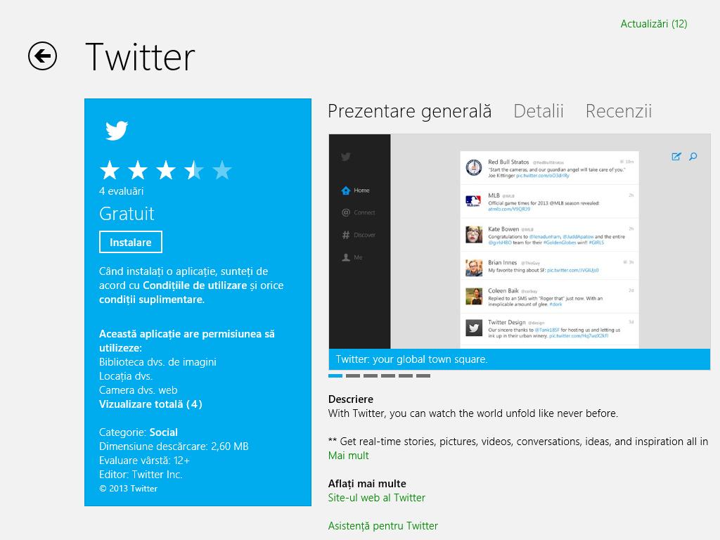 Figură 21: Pagina de prezentare în magazin a aplciației Twitter Pentru utilizarea magazinului este necesar un cont Microsoft asociat contului de utilizator Windows.