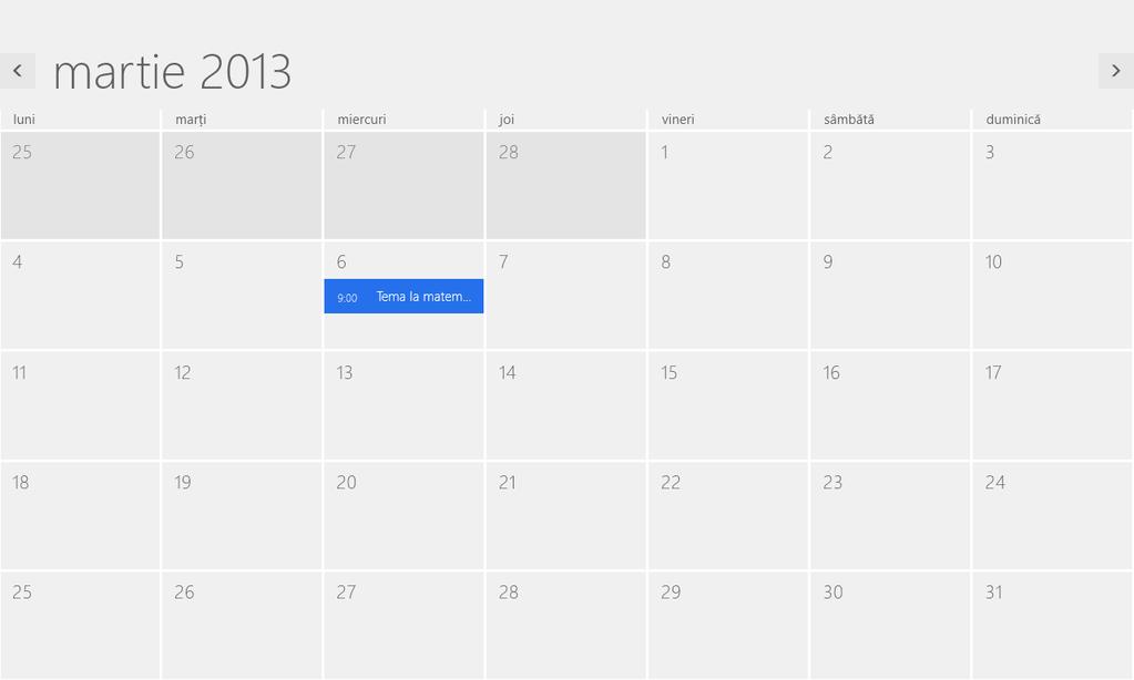 2.3.2. Calendar Calendarul, la fel ca multe aplicații Windows 8, poate fi utilizat doar dacă folosiți un cont Microsoft pentru a folosi computerul.