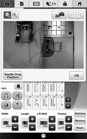 Using the Cmer View Window e d c USEFUL FUNCTIONS NEEDLE DROP POSITION Press to show the needle drop position in the screen s. Lower the presser foot efore pressing.