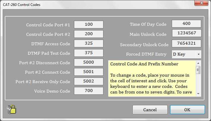 CAT-260 Control Codes The CAT-260 has twelve control codes. Clicked on the Lock& Keys button at the top of the main editor window. You will see a window similar to the one below.