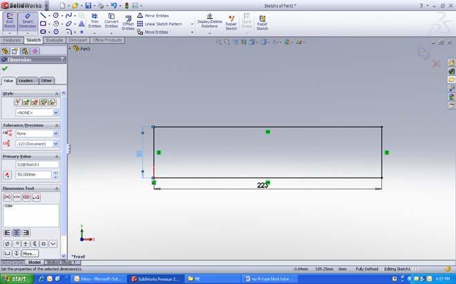 9. SELECT THE BOTTOM LINE OF THE RECTANGLE / set this dimension to mm SELECT