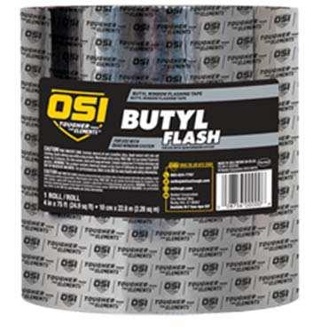 Description: OSI Butyl Flash is a rubberized butyl backed, self-adhering 15-mil membrane. The foil backed exterior allows the flashing to be exposed to UV rays for at least 12 years.