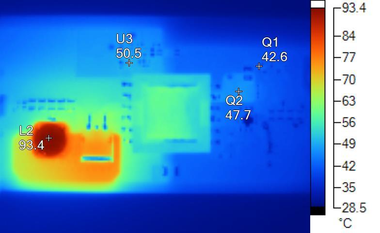 Figure 36 shows the thermal image at 48V input voltage and 2A output current.