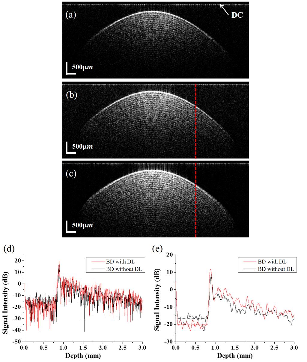 Fig. 6. 2D OCT images of a multilayer tape obtained by UD, (a) BD without the DL, and (b) BD with the DL (c), (d) depth-resolved A-line signals through FFT of averaged red lines in Figs.
