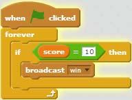 Hints for changing the score: Put a go to block first so that your score does not continue to increase while your sprites touch. Winning the game Create a new background which says, You win!