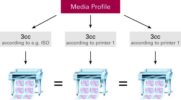 intending to advertise its product in three different magazines. If each magazine is printed using a different printing process (e.g. offset (rest of world), offset (USA), gravure), an L*a*b* correction profile can be used to optimize to different printing standards using the same media profile.