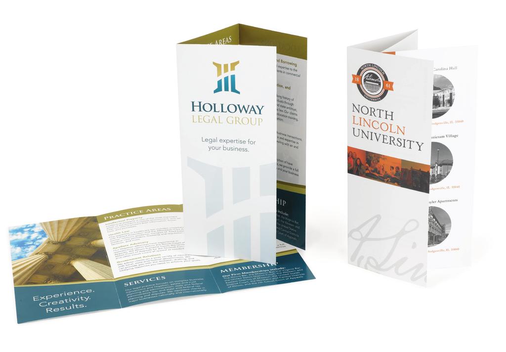 Full Color Brochures Three standard sizes Seven standard stock options on both sides Brochures are shipped folded. Closed Gatefold ships folded into a 3-panel brochure with a scored center.