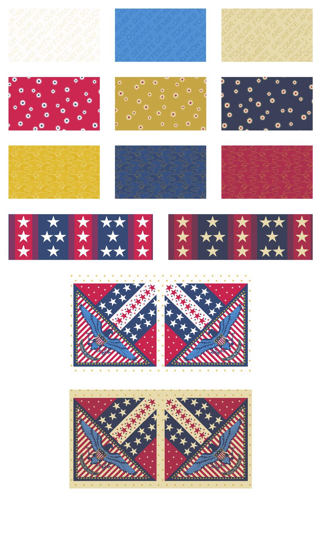 Patriotic for Quilts of Valor RS Y NOVR RS 7790-RL* /3 yds 7790-R* 7790-N* 7789-R* /8 yds 7789-Y* 3/8 yds 7789-* (includes binding) 5 7/8 yds (includes backing) 7788-RY* / yd 7788-R* 3/8 yd 7788-R*