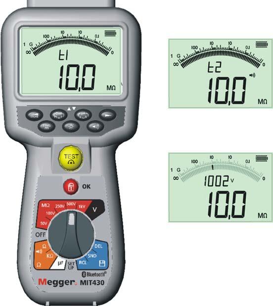 Screen A (Results displayed at the end of timed test) Screen B (Resistance displayed at T1) Time interval t1 Use to display t1, t2 and voltage Press TEST to repeat the test If selector switch is