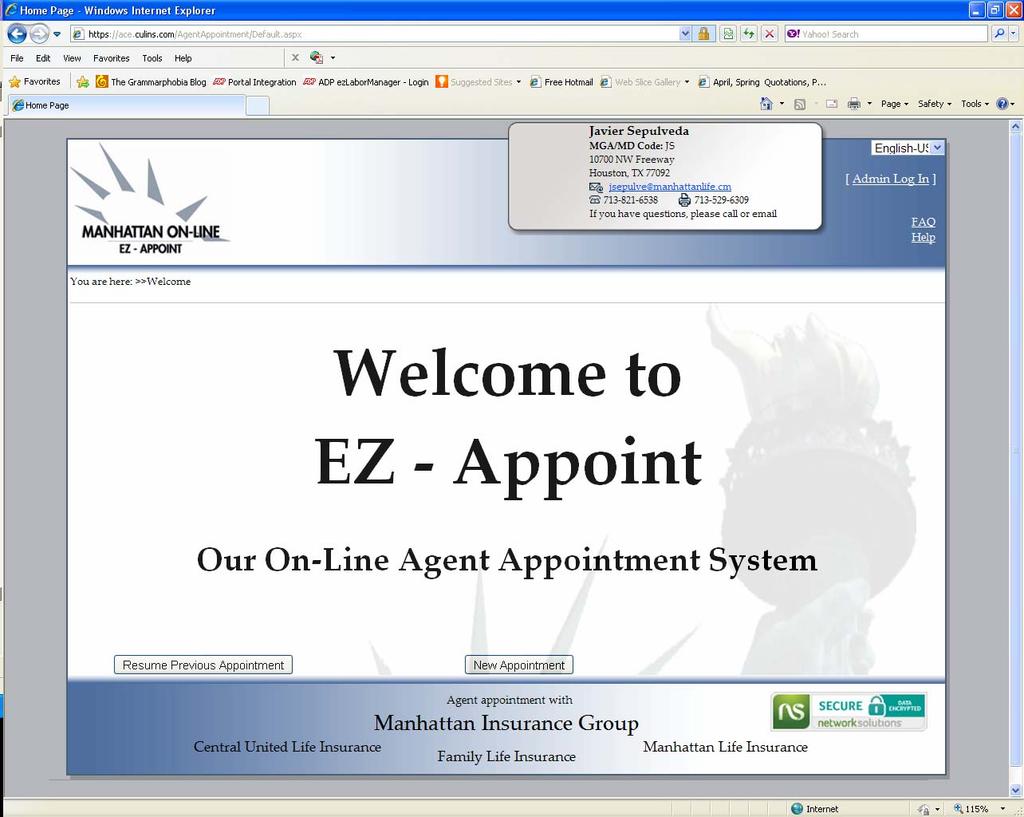 After the page loads, you should see Welcome to EZ- Appoint on the center of the screen.