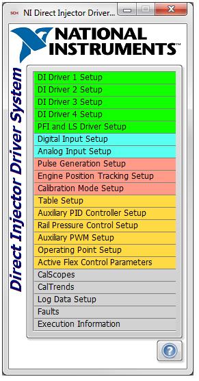 4. NI Direct Injector Driver System Interface The main user interface window contains a list of all setup windows used to configure the various DI Driver System functions.