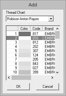 Color options Color/Sepi/Gry You cn select the rnd of thred to Thred Chrt use in the creted pttern. Select whether thred colors will e selected utomticlly (on) or mnully Auto Select (off).