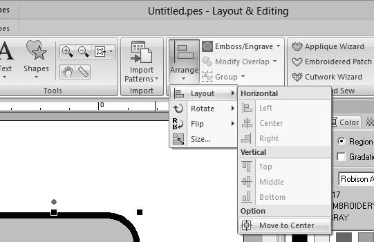 Editing Emroidery Designs Moving emroidery ptterns to the center 1 Select the pttern(s), nd then click the [Home] t.