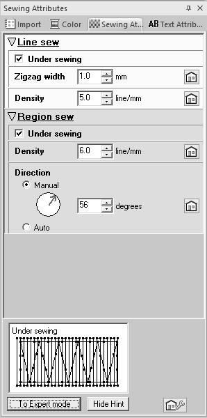 those for Expert mode. Click to lod/sve the sewing settings.