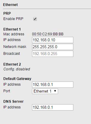 Charter 6 Configuration RT430/434 Figure 32: Enabling the PRP redundancy Ethernet Ports Default Gateway The Ethernet ports allow communication via TCP/IP or UDP/IP networks.