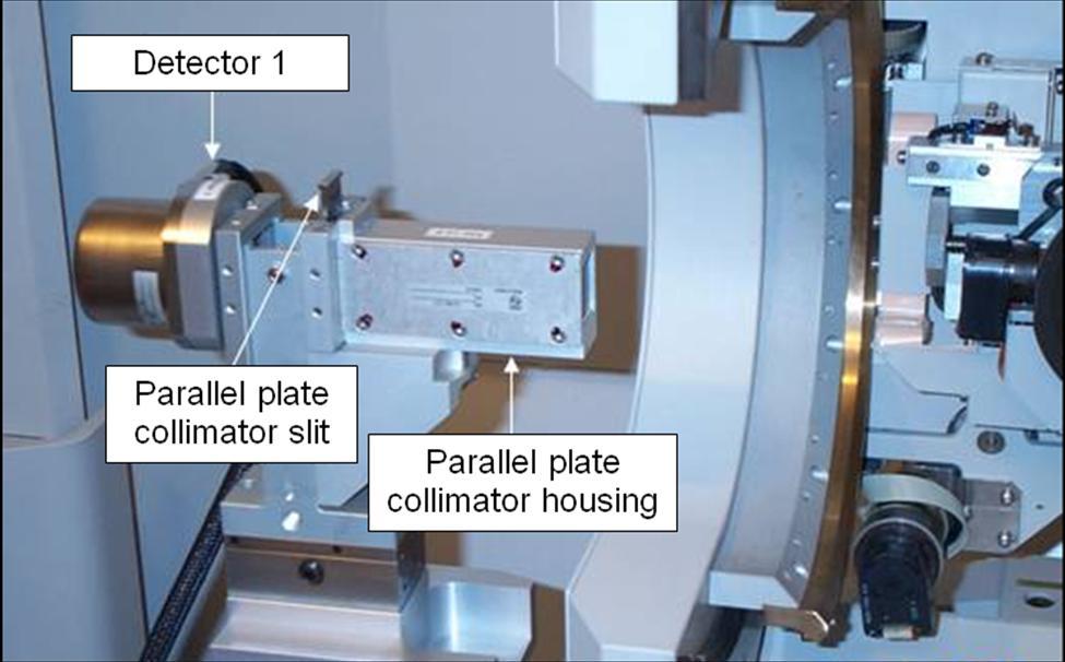 2. The parallel plate collimator (PPC) must be attached on the diffracted beam side with Detector 1 attached. A receiving slit can be inserted in the PPC to improve the resolution.