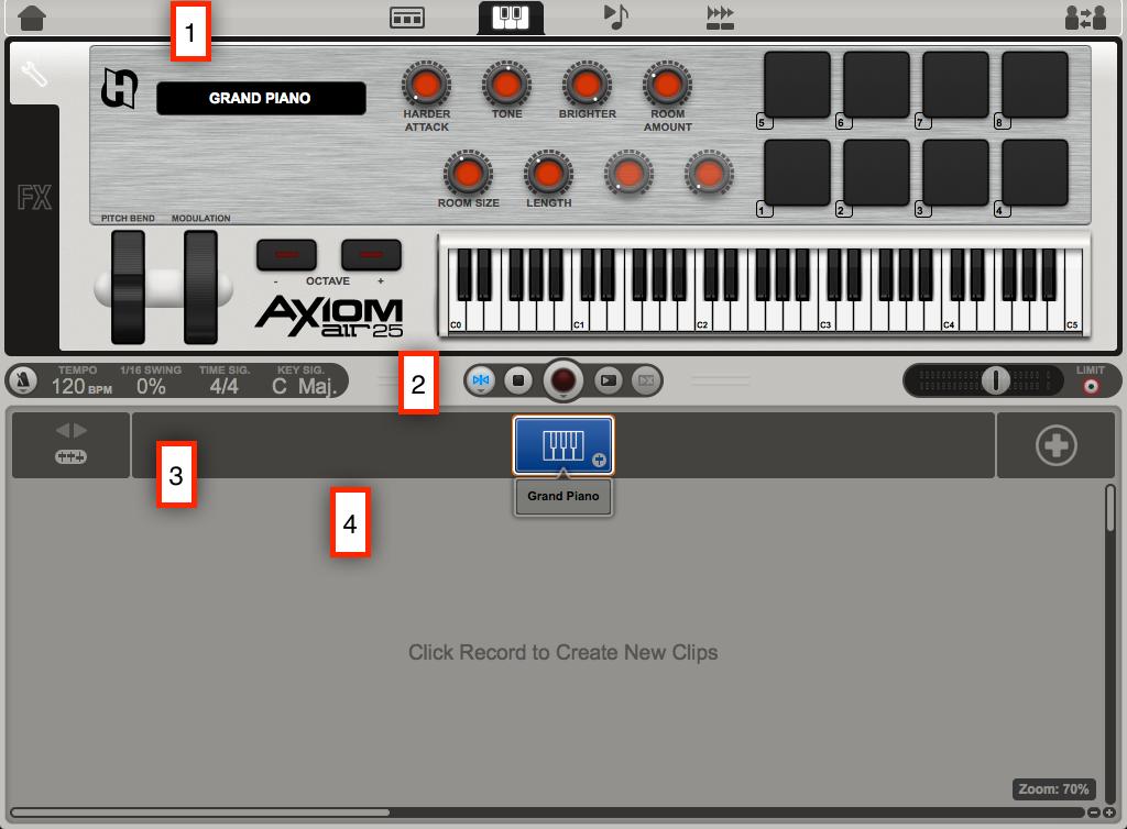 Check That You Have Sound A new session is created when you launch Ignite. A piano instrument is automatically loaded when you create a new session.