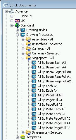 Step 1: Automatic detailing of all the single parts in the model Using processes, create drawings for all the single parts in the model. 1. On the Home tab, Document creation panel, click. 2.