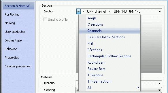 4. In the beam properties dialog box, on the Section & Material tab, use the buttons and make the following settings: Figure 53: Section & Material tab Selecting the section Copying the channel