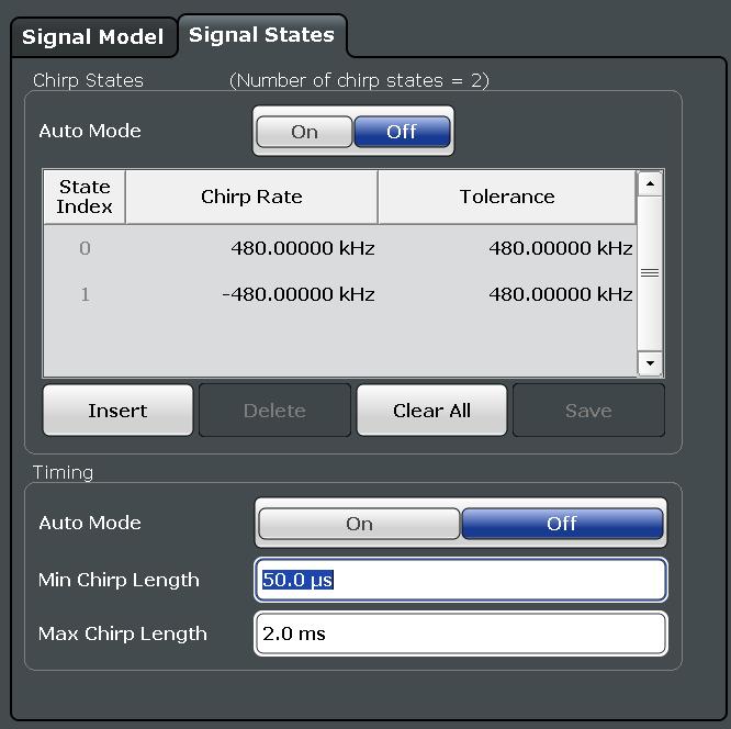 Automated Signal Analysis Basic Signal Measurements Min Chirp Length: 50 µs Max Chirp Length: 2 ms As soon as the settings are saved the signal states are applied to the measurement values.