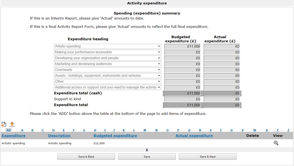 The next screen is Activity expenditure. Like the Activity income screen, this screen will pull through the budgeted income figures you entered on your original application form.
