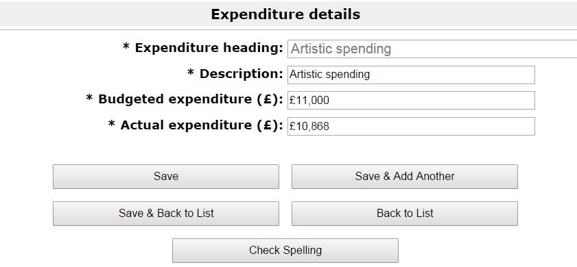 Complete all relevant fields ensuring you include a figure for Actual expenditure. Once you have done this click Save & Back to List to return to the Activity expenditure screen.