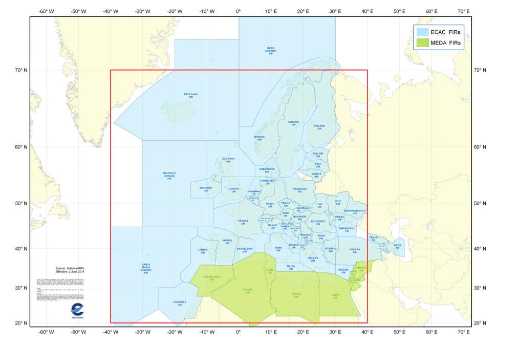SAFETY OF LIFE SERVICE DEFINITION DOCUMENT Figure 6-8 ECAC 96 FIRs and EGNOS service coverage (in red) As part of the EGNOS Service Area, the concept of EGNOS SoL Service (Level) Area can be defined