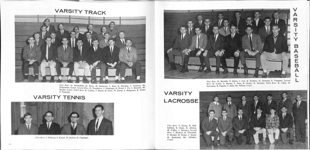 VARSITY TRACK V A R S I T Y I R Revelen 1 Norbe rg, Mr. First Row: G. Westerfield, p. Perry, H. Rothman, 1. zzo,. F" J Brennan, Mr. D'Agostino, Coach. Second Row: D. Tresohlavy, 1. Denlinger, B.