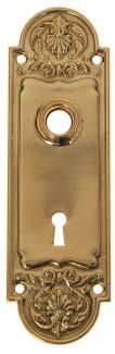 nickel 8767-K-OB oil rubbed bronze 2 1/2 wide, 7 high 2 1/4 spacing (hub to keyhole) Wrought brass With doorknob hub and keyhole 8762-B-PB polished brass