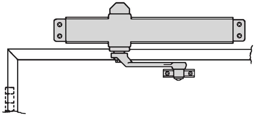 Closer is mounted on the pull side, with the arm perpendicular to the face of the door. Arm bracket is attached to the door frame. Requires a 2 wide top rail.