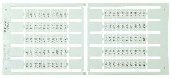 For marking of 5, 6 or 8mm-wide terminals. Marking cards of polyamide 66, white, with 100 labels per card, printed black (see table below).
