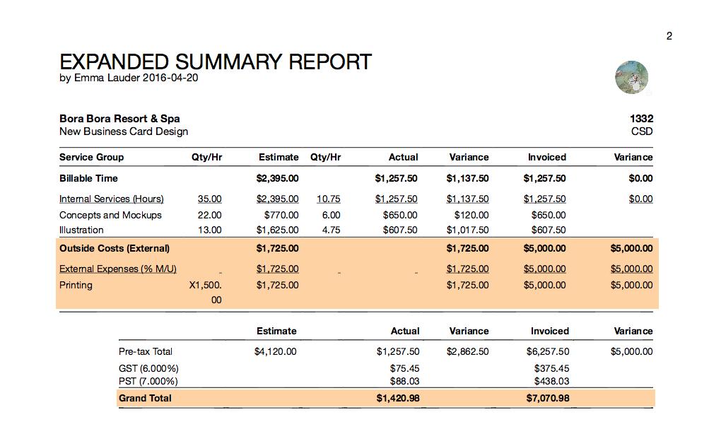 When I print this Invoice, and that printout includes my reports, I run into a problem. On the Expanded Summary portion, my client can see that the $5000 is a bit out of thin air.