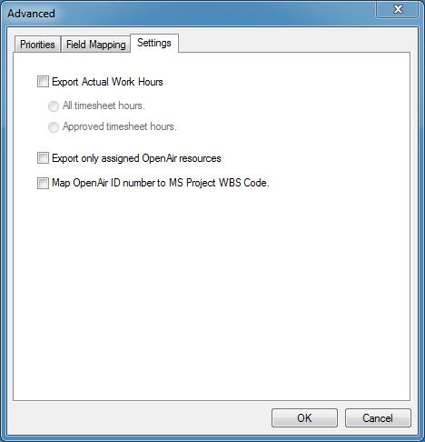 The settings window displays. 4. To export only assigned OpenAir resources, select the check box Export only assigned OpenAir resources.