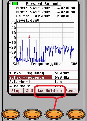 Using Max Hold Option To activate Max Hold press the < Max Hold on > soft key. To deactivate <Max Hold off> press soft key: Activated Max Hold Feature Markers The spectrum analyzer offers two markers.