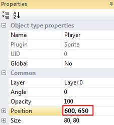 To position the Player object on the bottom of the screen, click on the space ship sprite. In the properties section click the box next to Position and change the position to 600, 650.