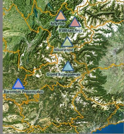 Spreading 1 massif: French alps 2 regions: RA et PACA, 3 departments (73, 38, 05), 4 pilots sites with 4 different kind of local support collectivities 9 tests sites (experimental actions) More than