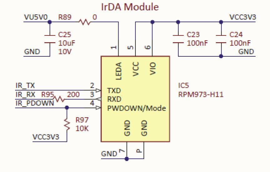 Figure 7.2. Schematic diagram of PIC32 connection to the RPM841-H11 Infrared Module. Reference 3 lists 21 modulation protocols used for remote control devices.