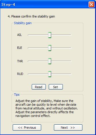 In general gain of the throttle do not need to adjust, if the airspeed have a small space velocity shock in automatic navigation, you can decrease the parameter to suitable.