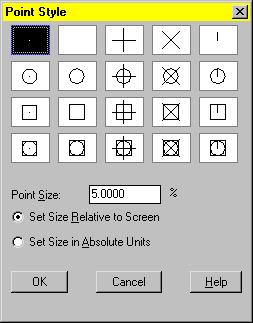 To set point style and size From the Format menu, choose Point Style. sets style sets size In the Point Style dialog box, select a point style. 3 Under Point Size, specify a size. 4 Choose OK.
