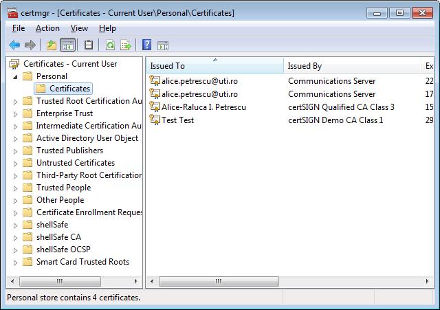 2) Se deschide o nouă fereastră numită Certificates - Curent User, unde, ca primă poziţie în stanga, vizualizaţi Store-ul Personal. Aici verificaţi dacă se importă certificatul.