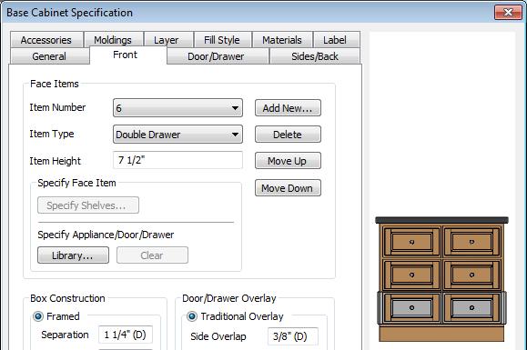 2. Click to place a base cabinet in the kitchen area, and select it. 3. Click the Open Object edit button to open the Base Cabinet Specification dialog.